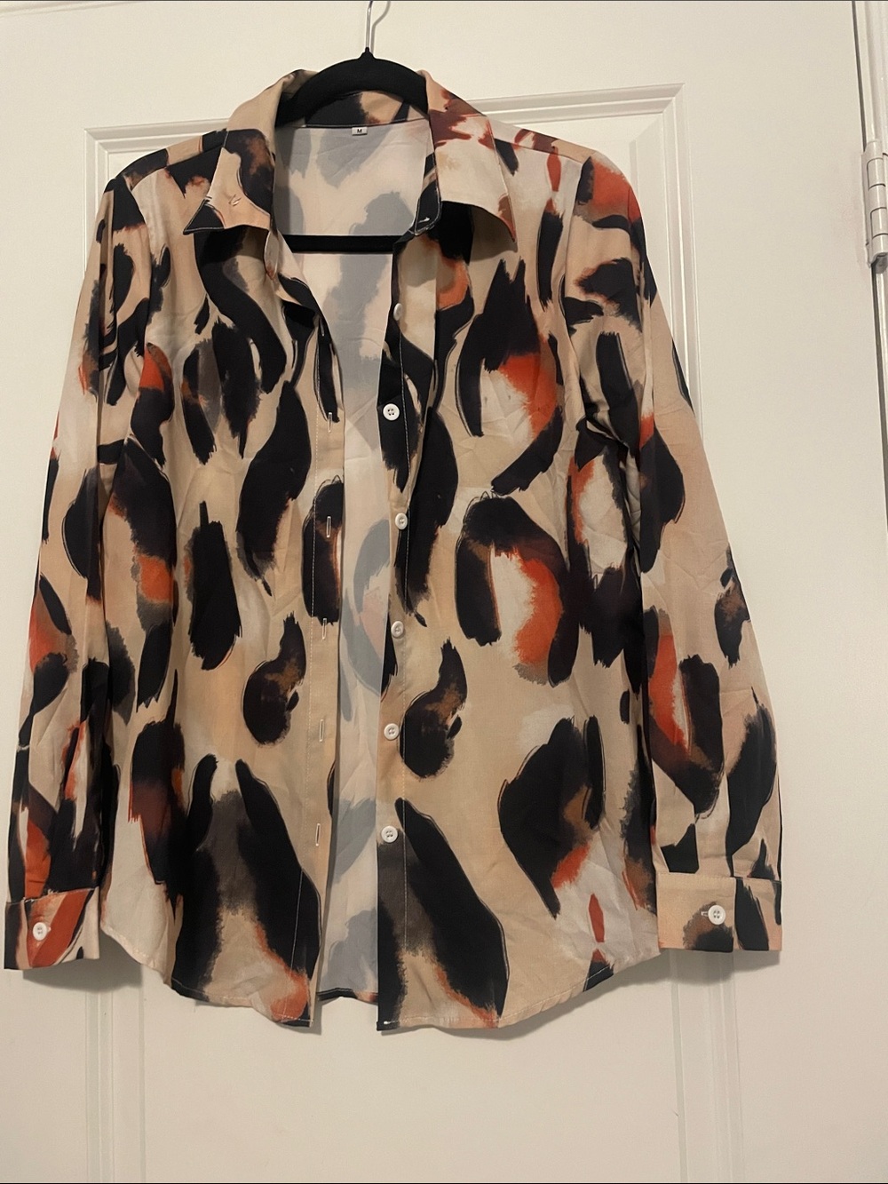 Womens Abstract Brushstroke Button-Up Shirt in Beige, Black & Rust